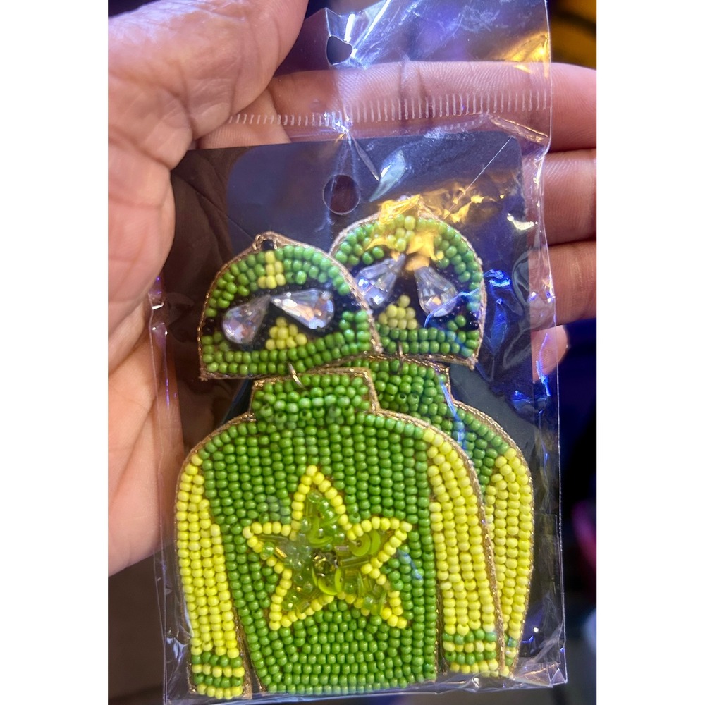 Beaded Jockey Earrings Green Yellow Star Rhinestone Equestrian Statement Jewelry